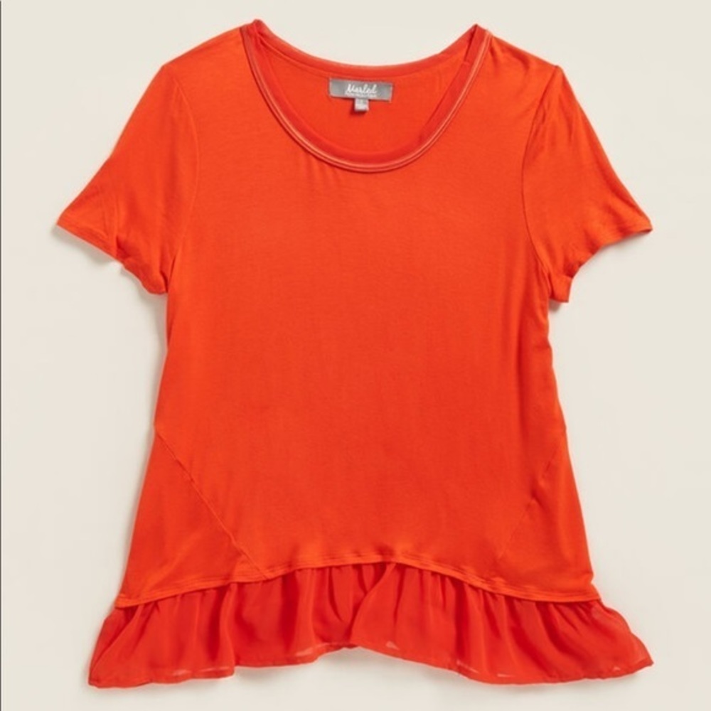 NWT Marled Chiffon Trim Scoop Tee Bright Orange Womens Small Tshirt Top Ruffle